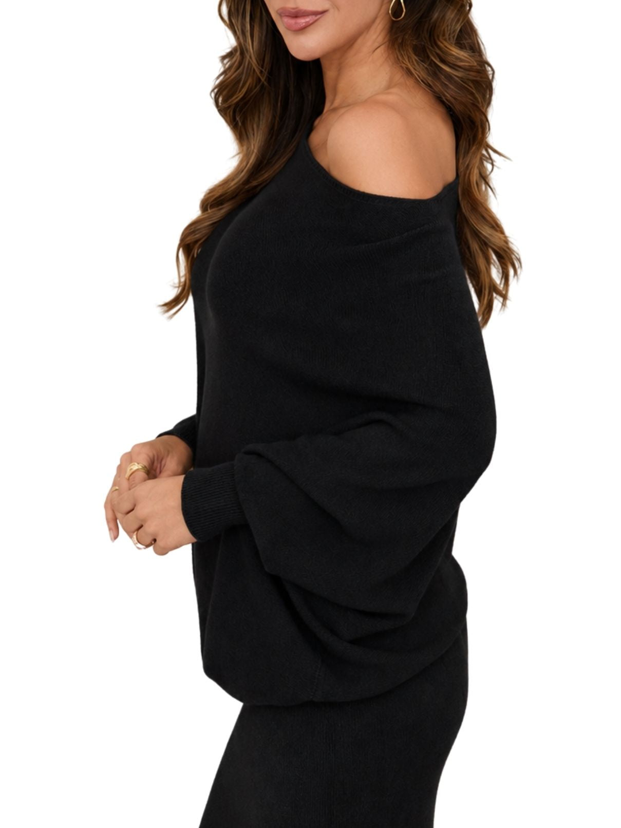 Cotton Island Ribbed Cuff Hem Asymmetrical Sweater Knit Top – Black