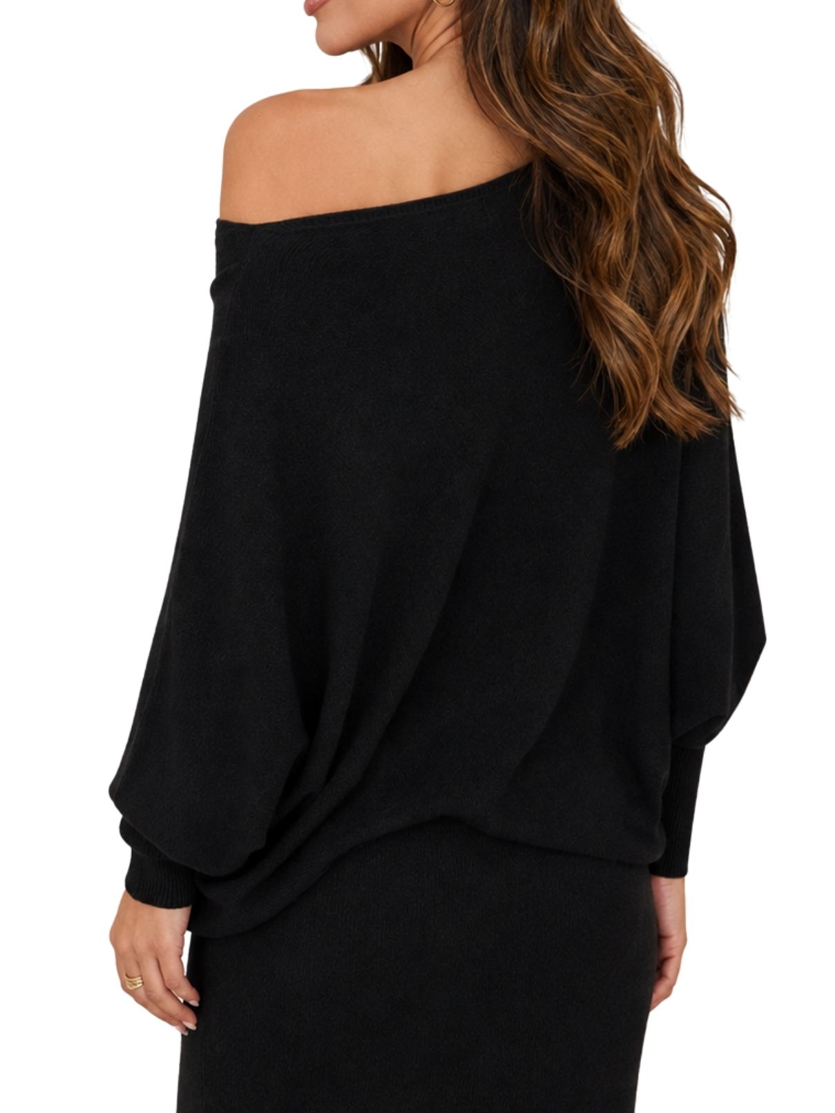 Cotton Island Ribbed Cuff Hem Asymmetrical Sweater Knit Top – Black