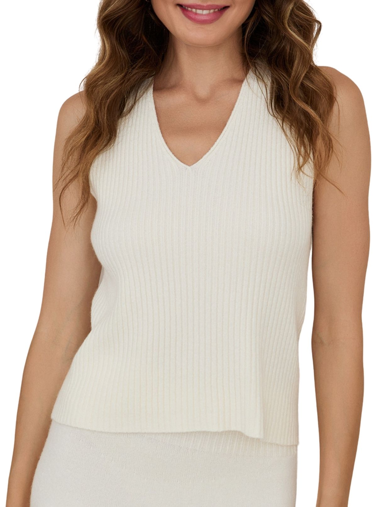 Cotton Island Ribbed V-Neck Sleeveless Knit Top – Panna Cotta