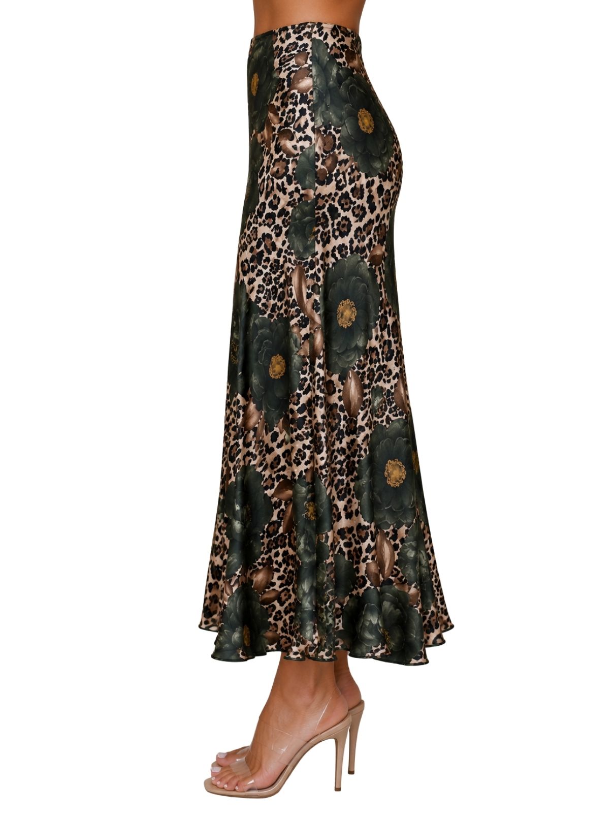 Cotton Island Rose Leopard Silky Midi Skirt