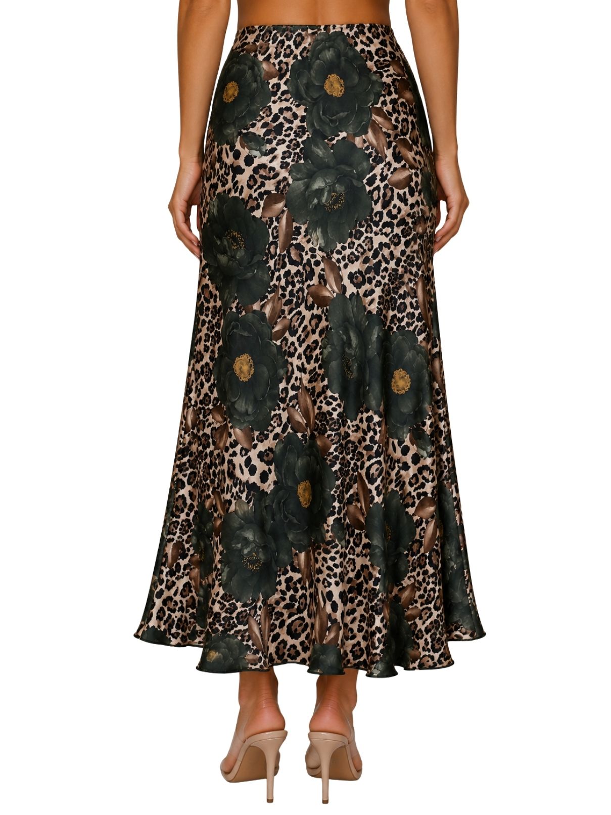Cotton Island Rose Leopard Silky Midi Skirt