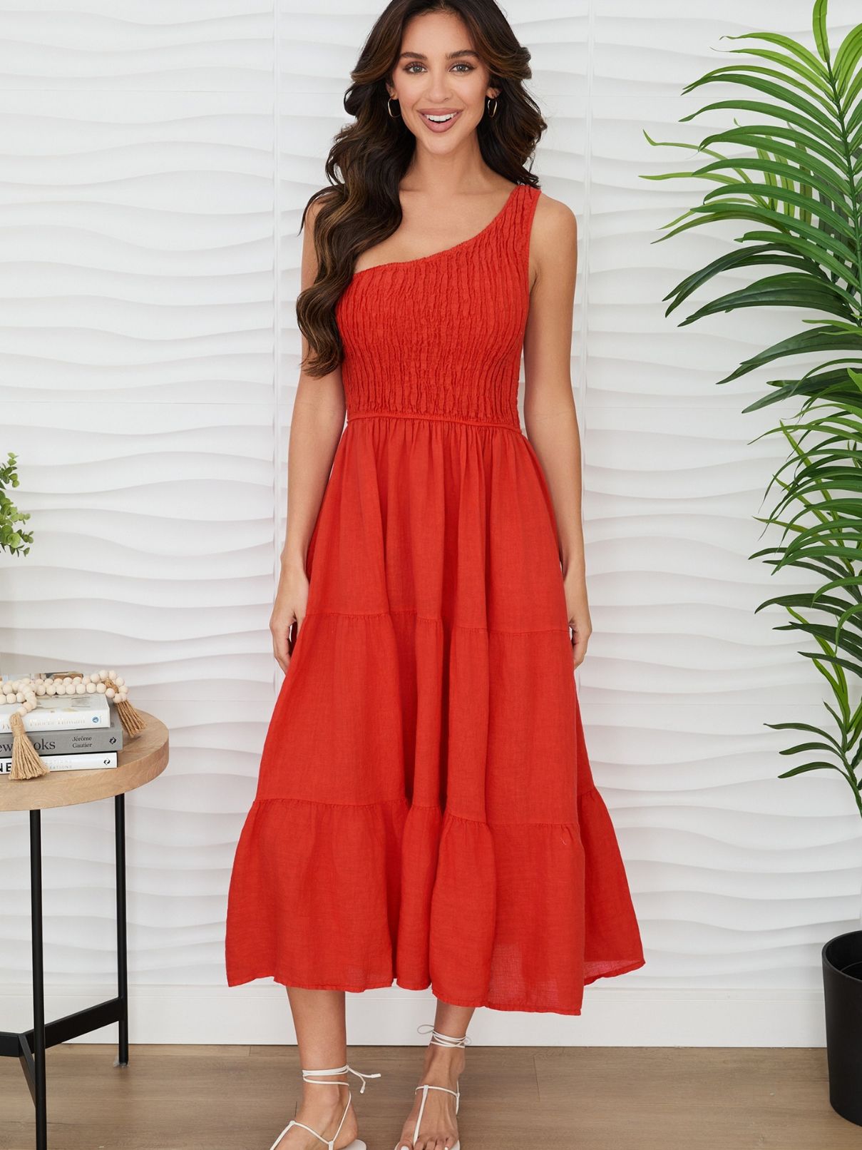 Cotton Island Shirred  Maxi  Dress in Red Flame
