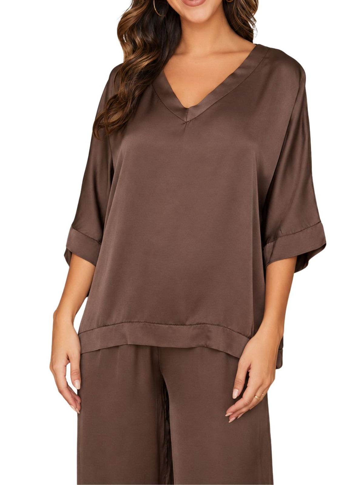 Cotton Island Silky Dolman Sleeve V-Neck Top in Chocolate Brown
