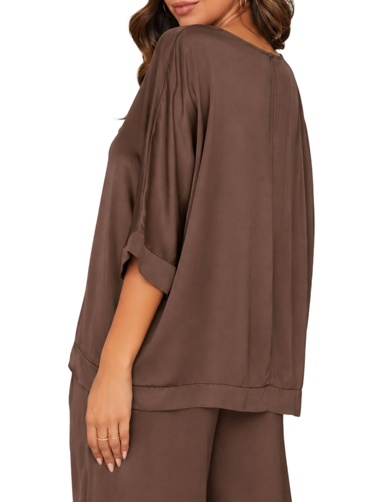 Cotton Island Silky Dolman Sleeve V-Neck Top in Chocolate Brown