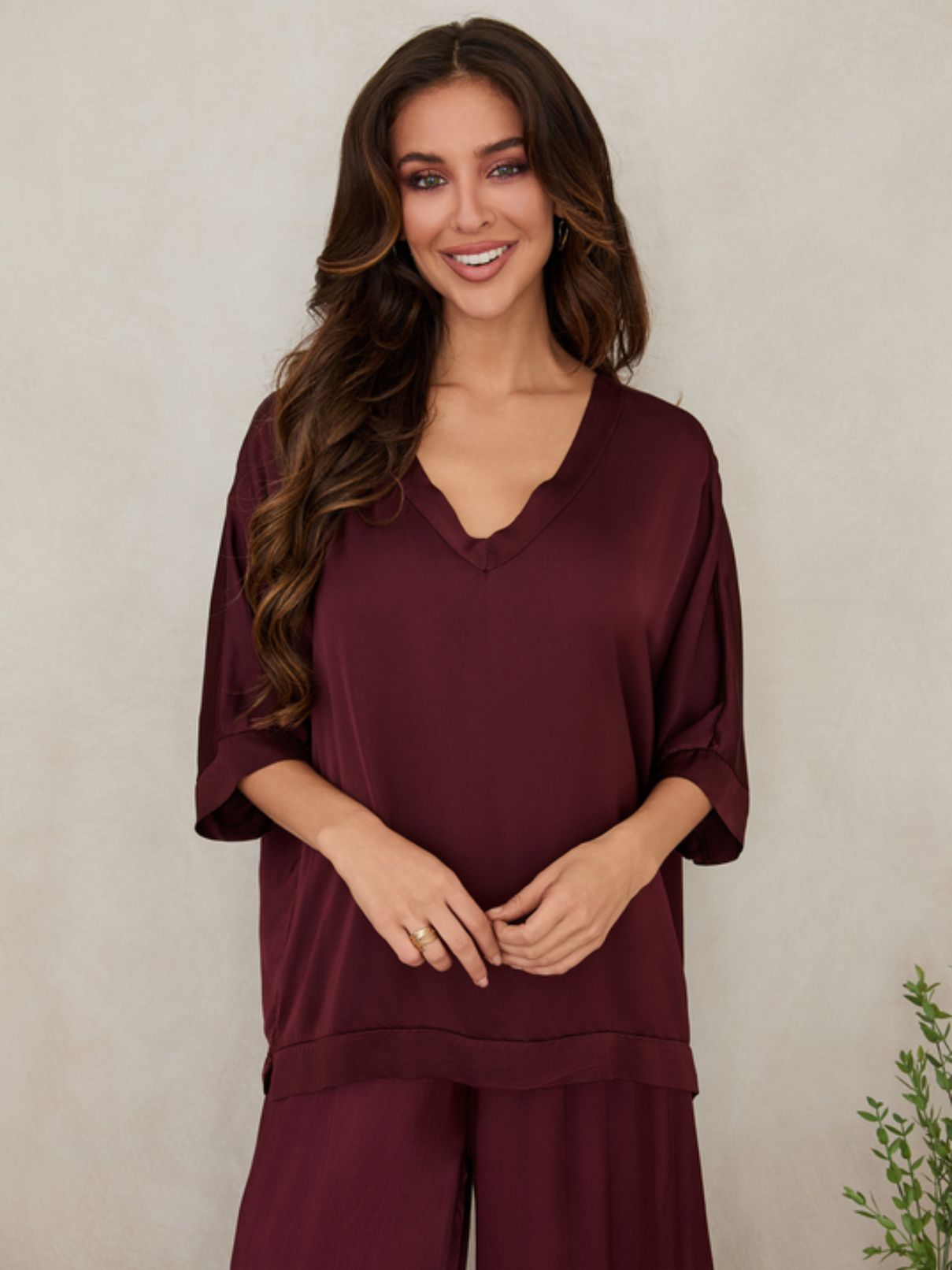 Cotton Island Silky Kimono Sleeve Top in Wine