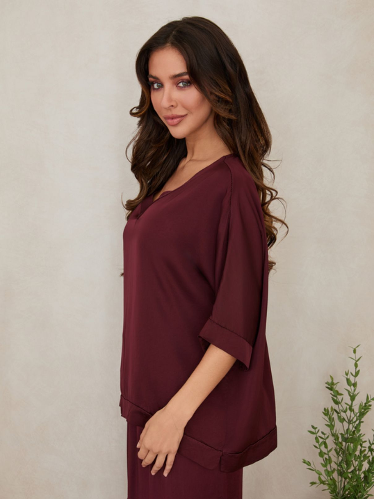 Cotton Island Silky Kimono Sleeve Top in Wine