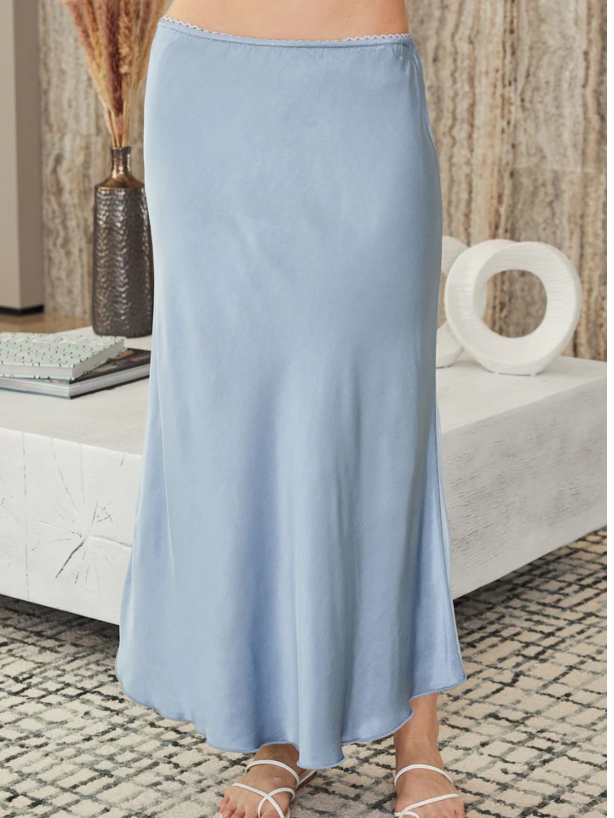 Cotton Island Silky Slip Skirt in Denim Blue