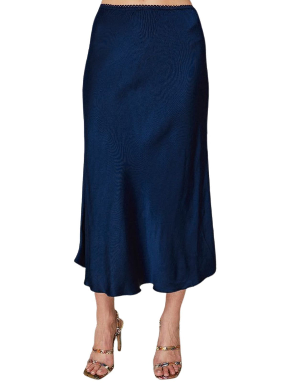 Cotton Island Silky Viscose Midi Slip Skirt in Navy Blue