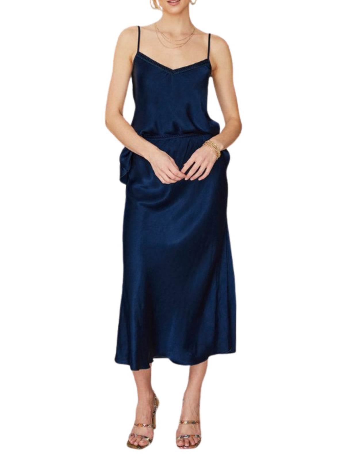 Cotton Island Silky Viscose Midi Slip Skirt in Navy Blue