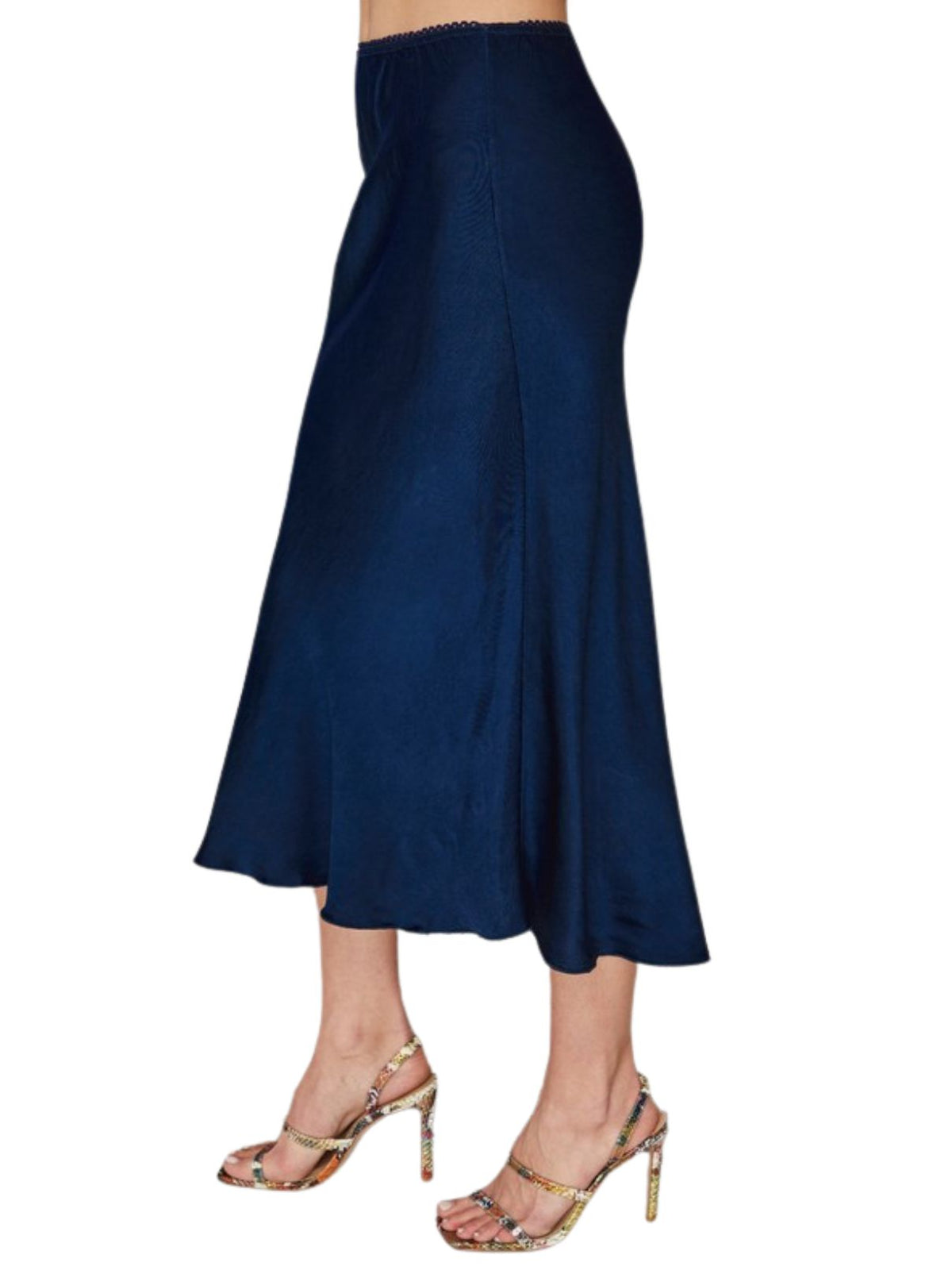 Cotton Island Silky Viscose Midi Slip Skirt in Navy Blue