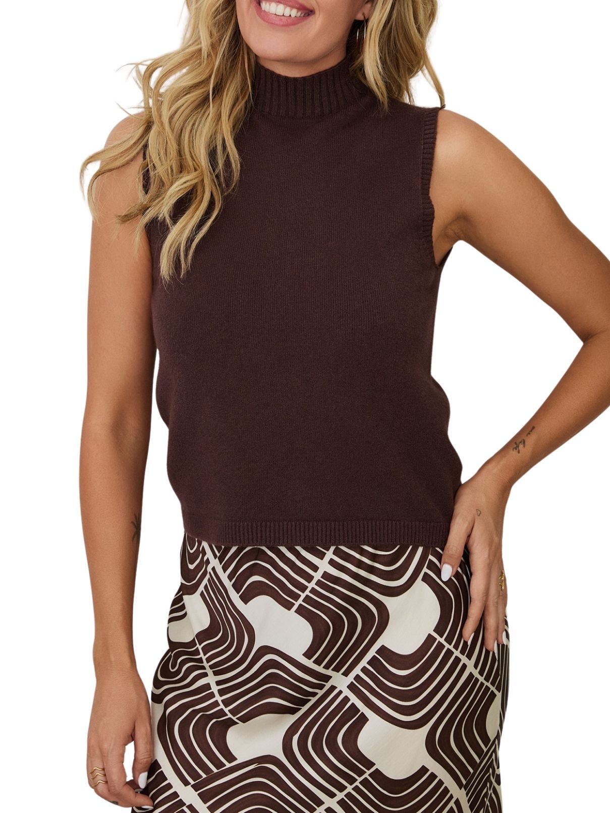 Cotton Island Sleeveless Mock Neck Knit Top – Chocolate Brown