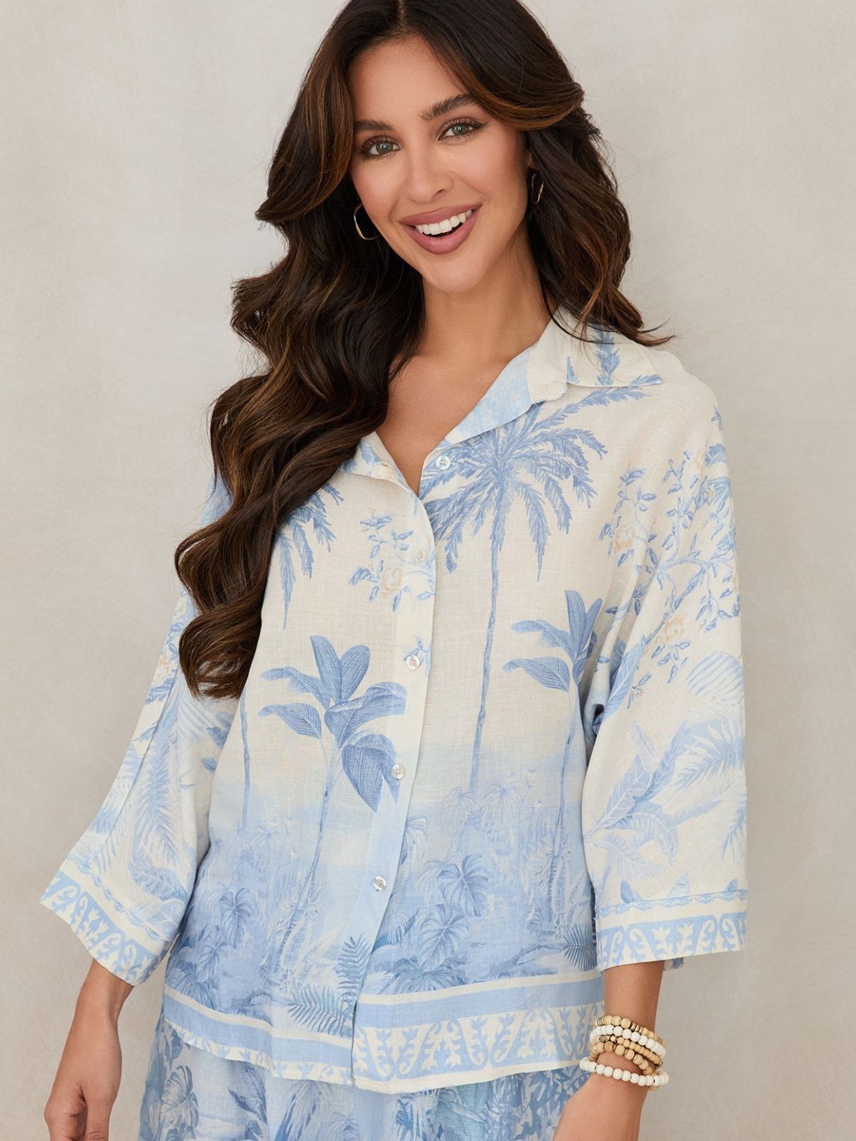Cotton Island Tropical Palm Button Down Shirt in Cream/Blue