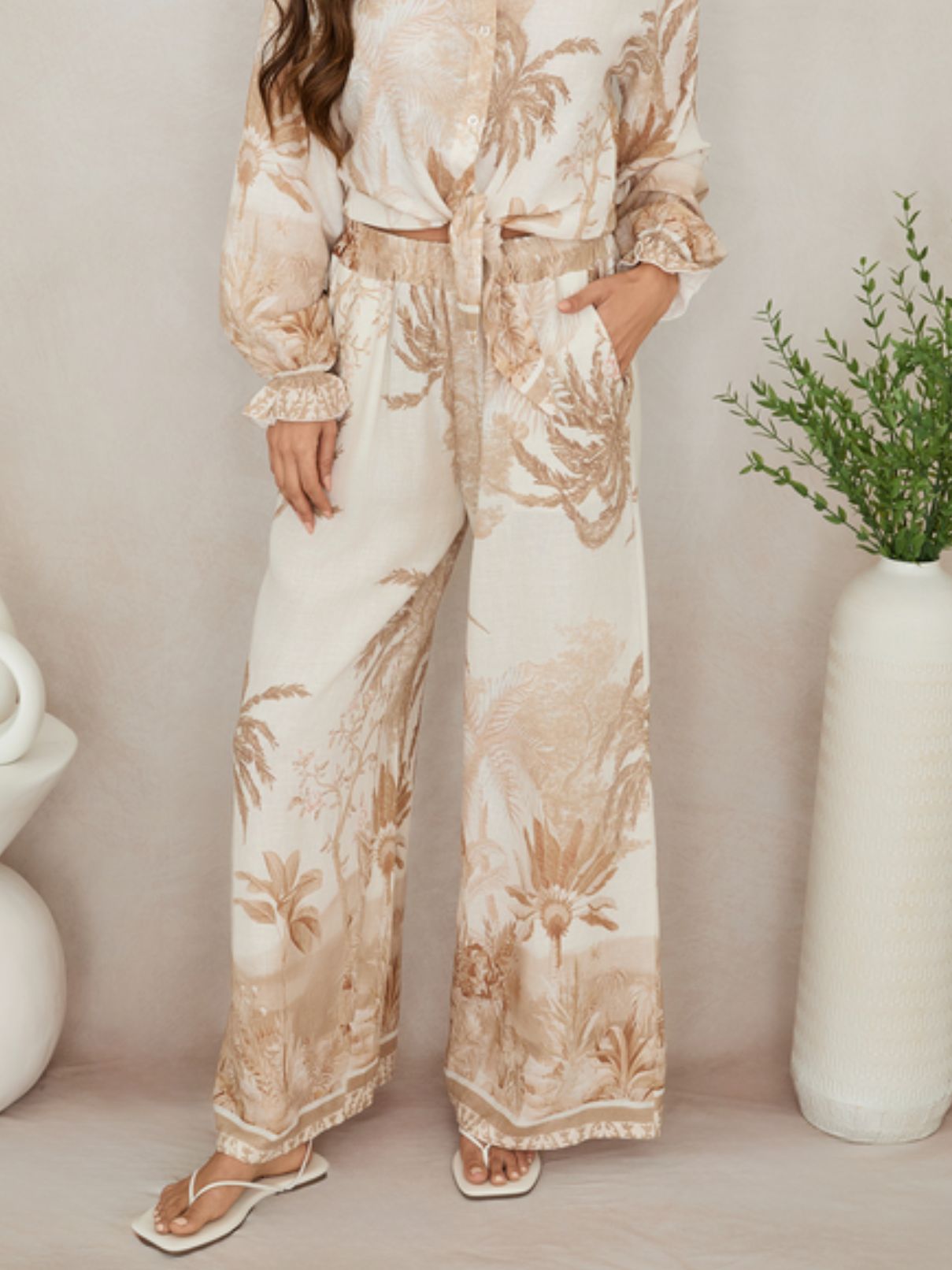Cotton Island Tropical Palm Wide Leg in Cream/Camel