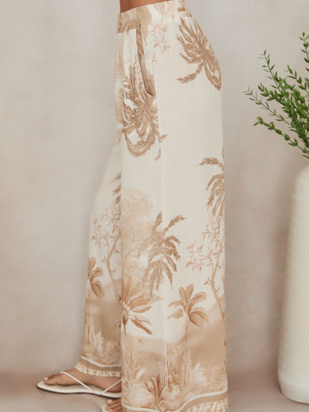 Cotton Island Tropical Palm Wide Leg in Cream/Camel