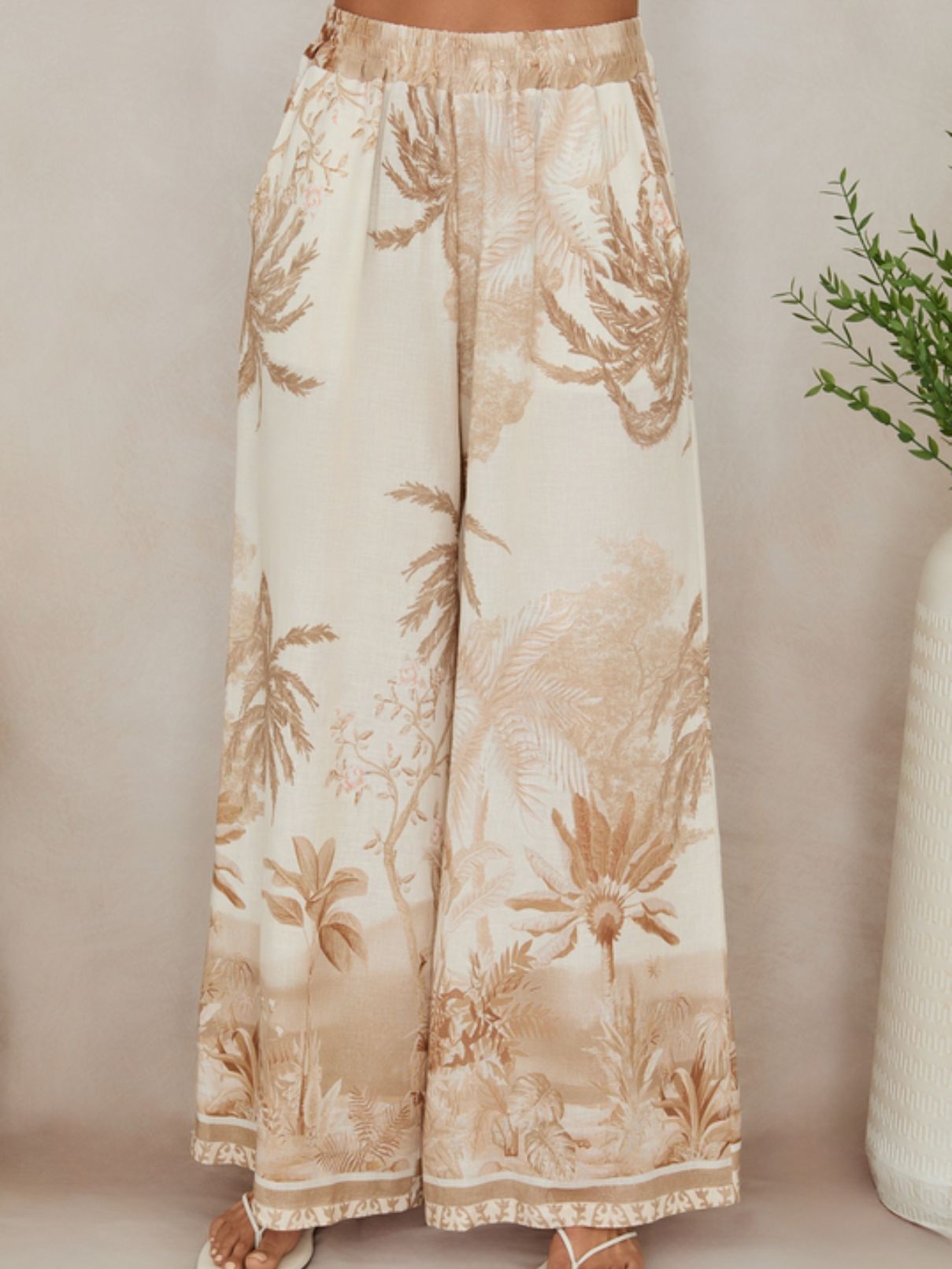 Cotton Island Tropical Palm Wide Leg in Cream/Camel