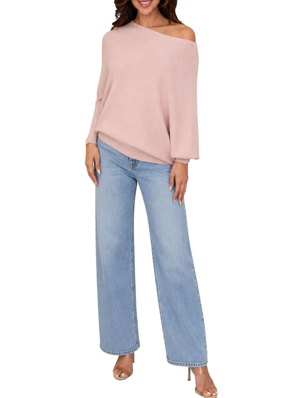 Cotton Island Two-Way Asymmetrical Off-the-Shoulder Knit Sweater Top in Rose