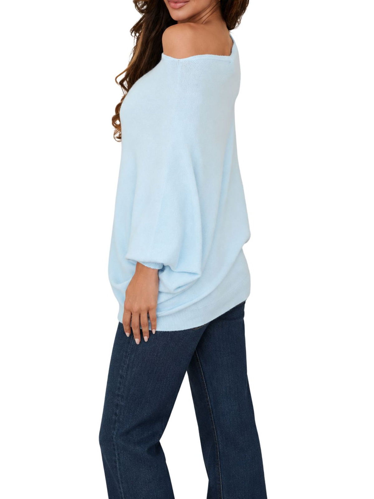 Cotton Island Two-Way Asymmetrical Off-the-Shoulder Knit Sweater Top in Sky Blue