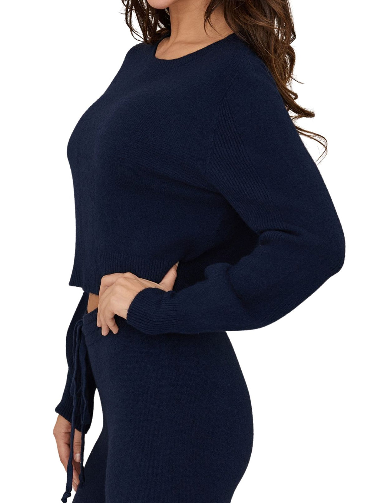 Cotton Island Ultra Soft Long Sleeve Crop Knit Sweater in Midnight Navy