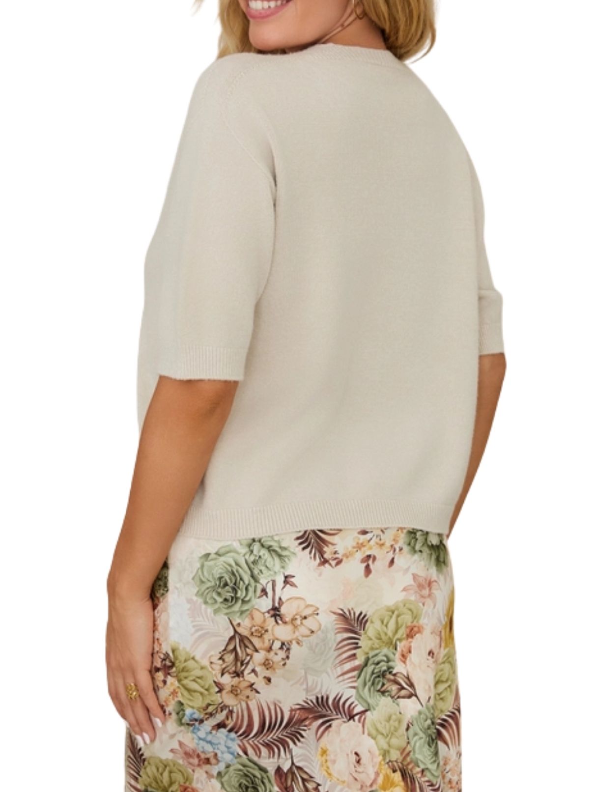 Cotton Island V-Neck 3/4 Sleeve Knit Top – Beige