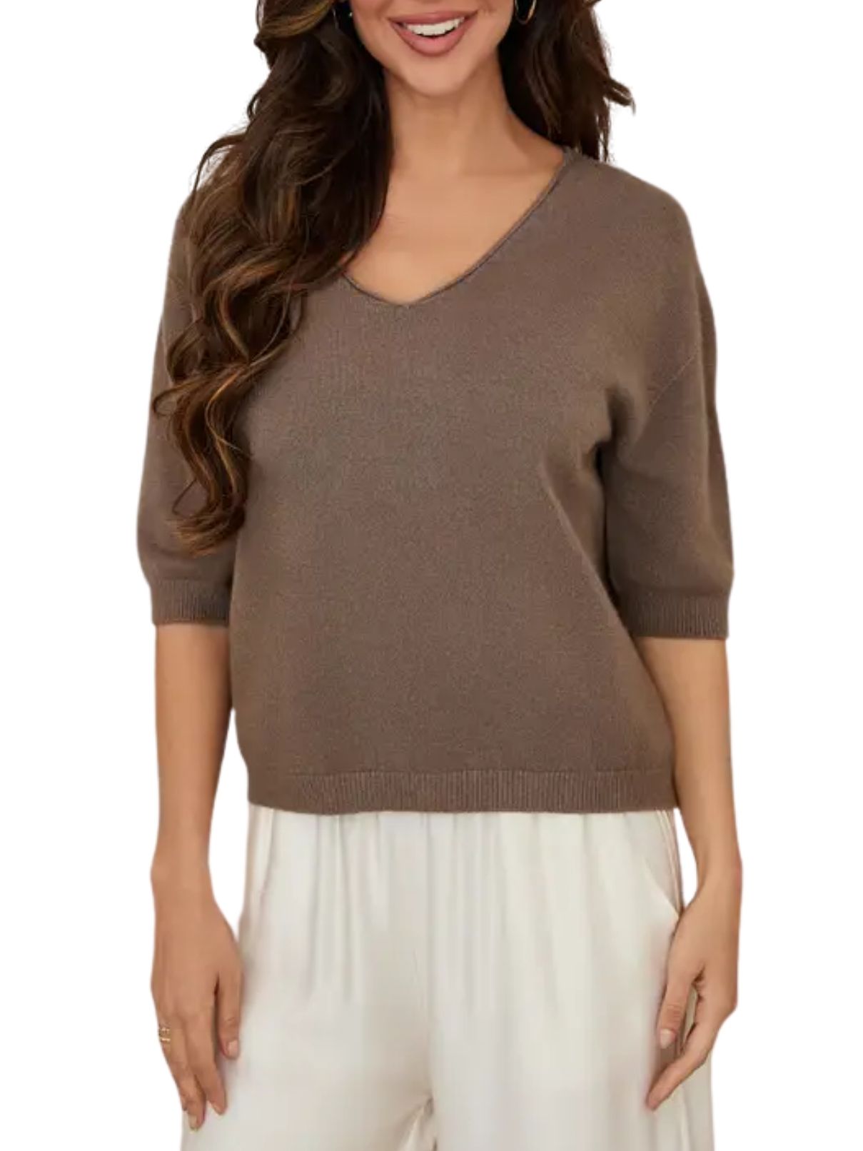 Cotton Island V-Neck 3/4 Sleeve Knit Top – Dark Mochaa