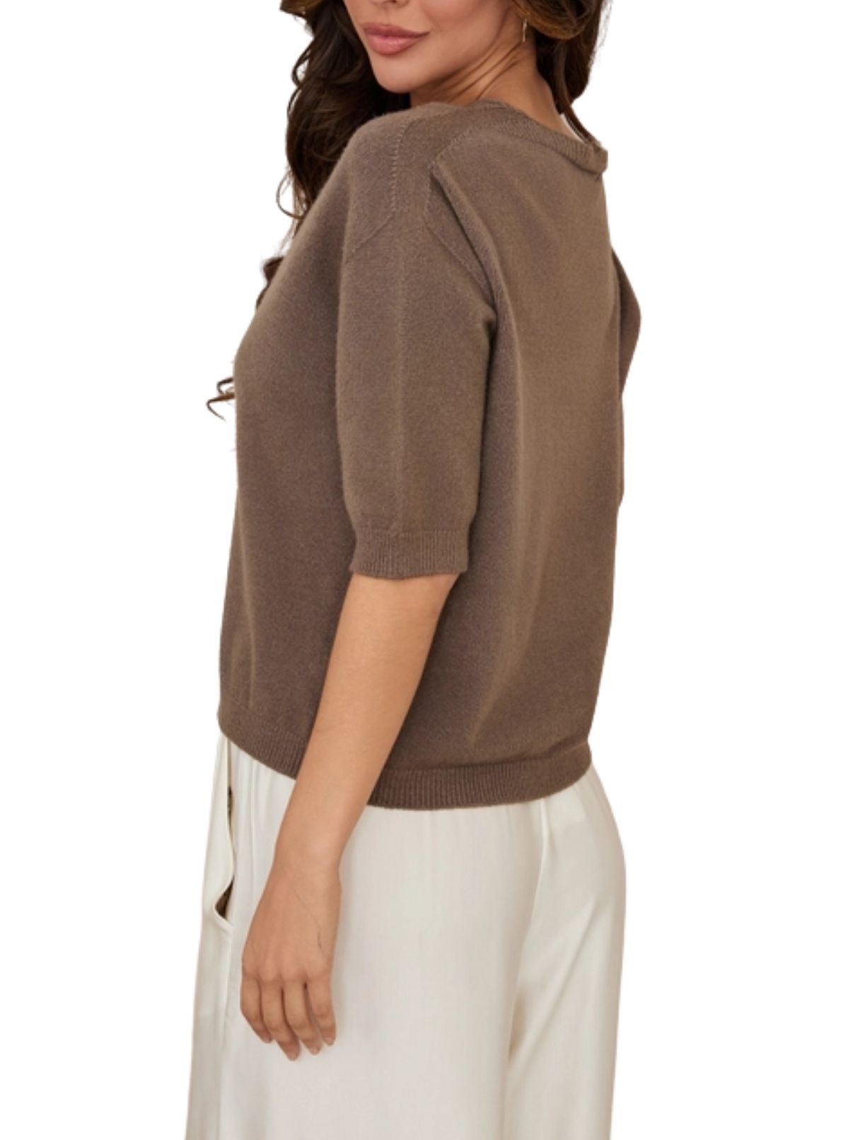 Cotton Island V-Neck 3/4 Sleeve Knit Top – Dark Mochaa