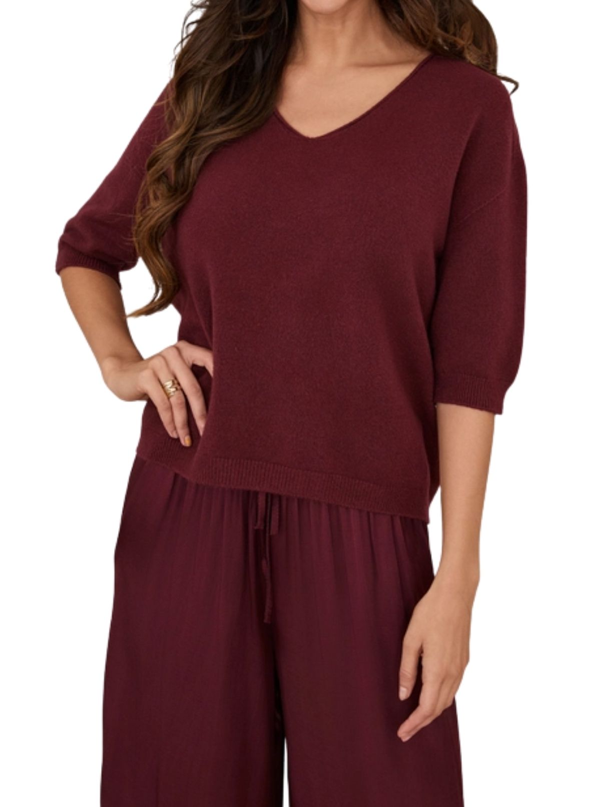Cotton Island V-Neck 3/4 Sleeve Knit Top – Wine