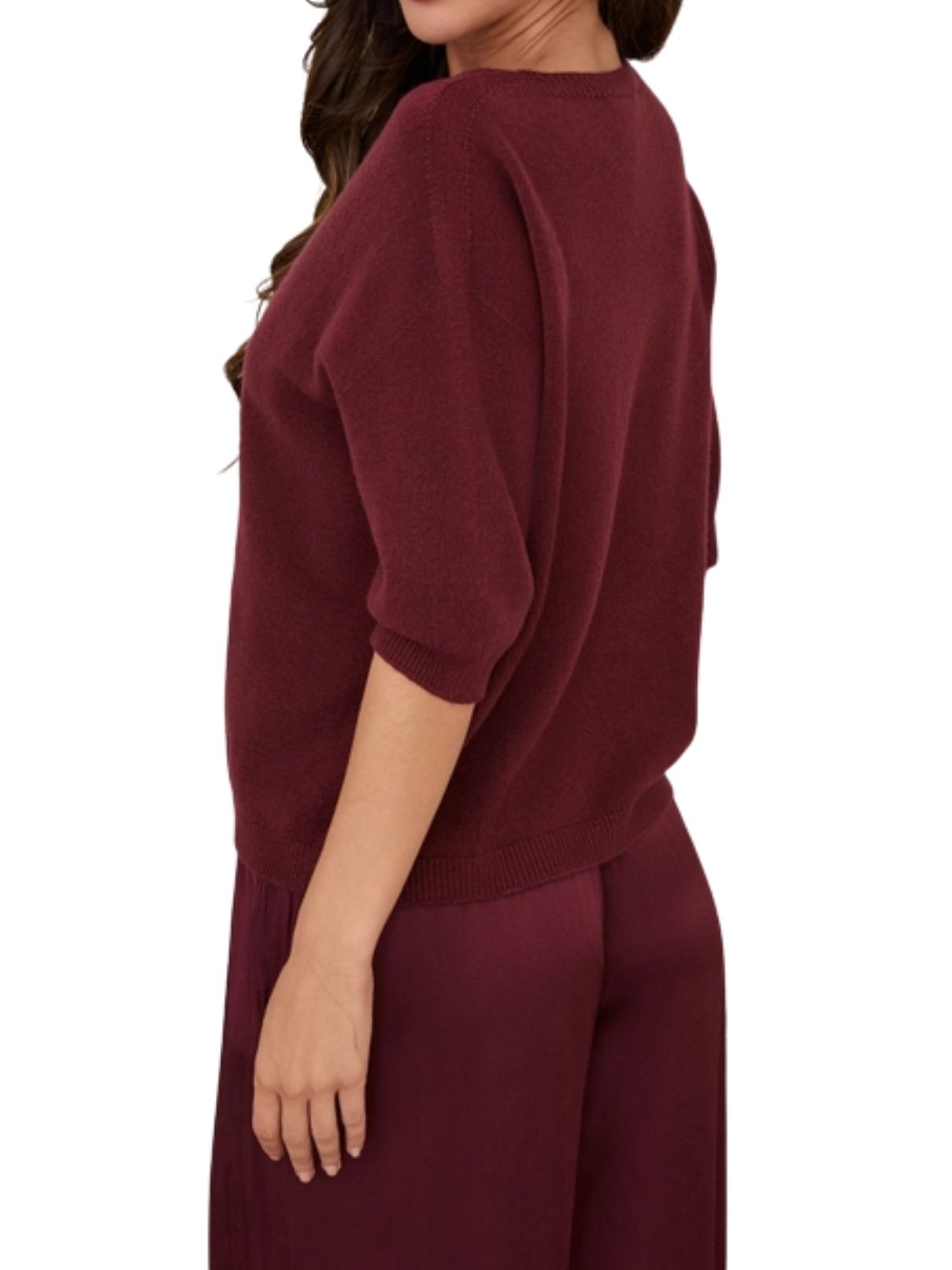 Cotton Island V-Neck 3/4 Sleeve Knit Top – Wine