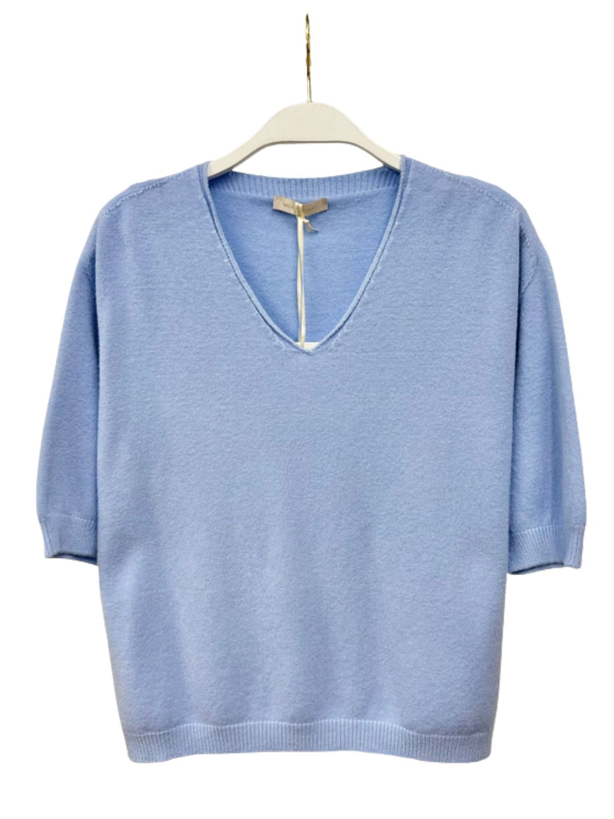Cotton Island V-Neck 3/4 Sleeve Knit Top in Sky Blue