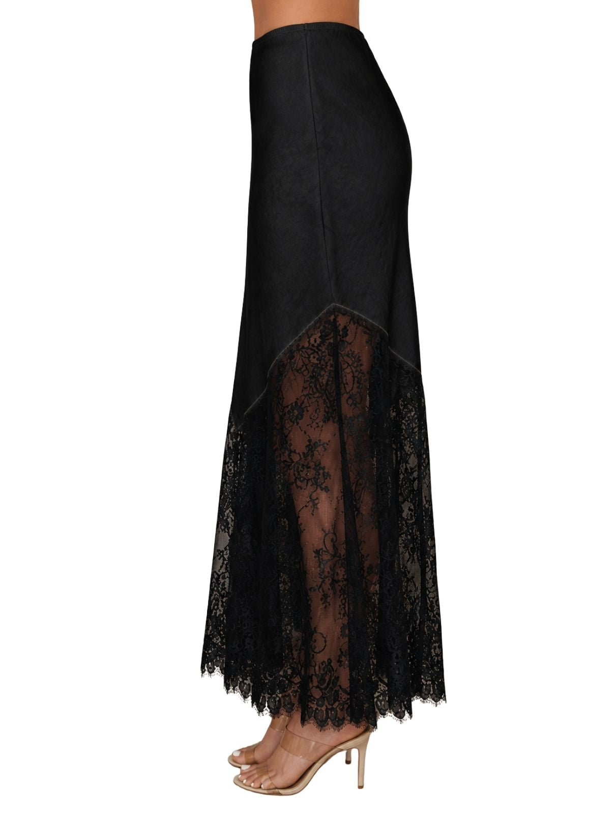 Cotton Island Viscose Maxi Skirt with Lace Hem – Black
