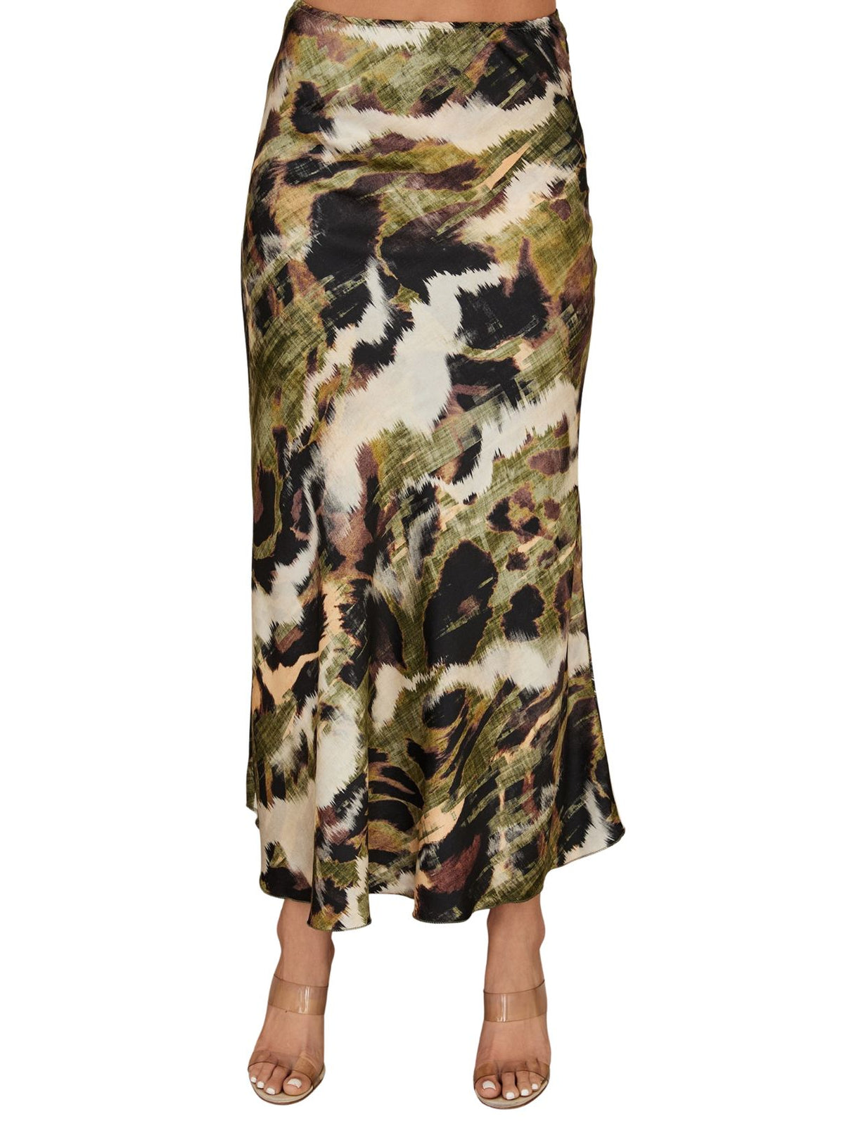 Cotton Island Watercolor Print Maxi Skirt in Green & Brown
