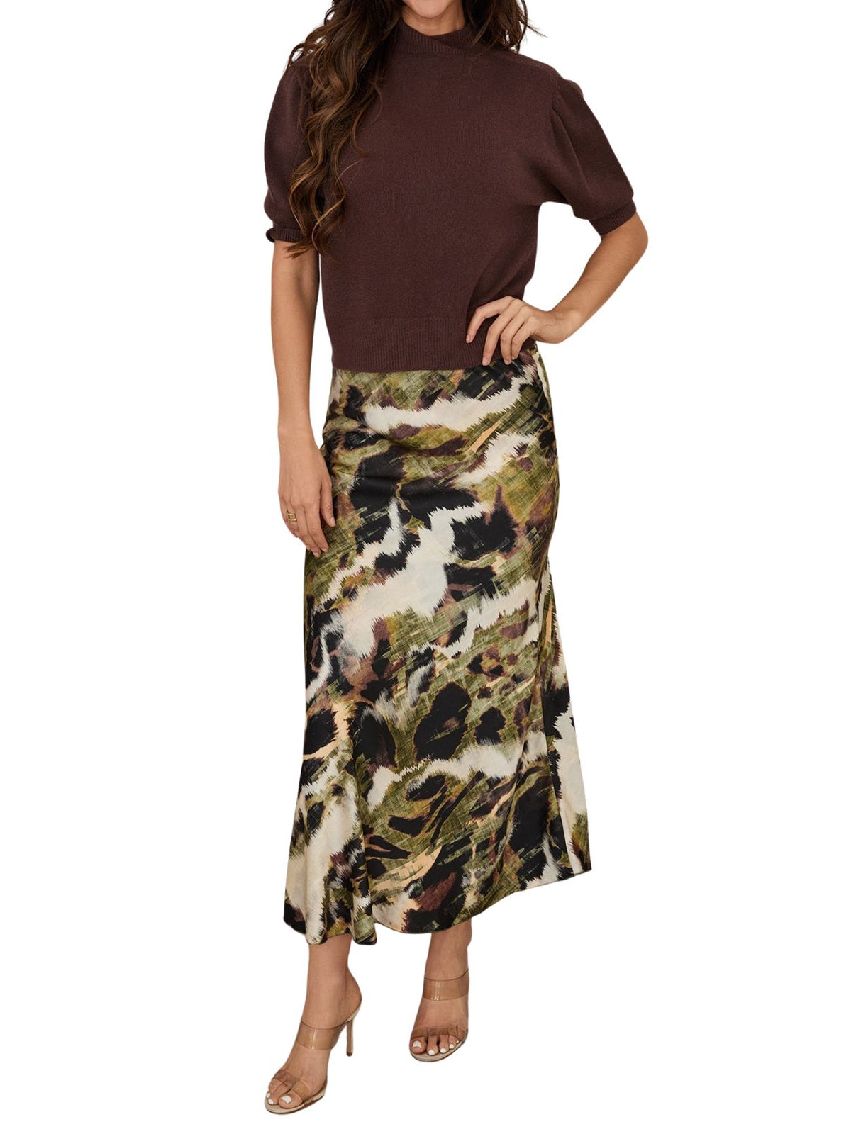 Cotton Island Watercolor Print Maxi Skirt in Green & Brown