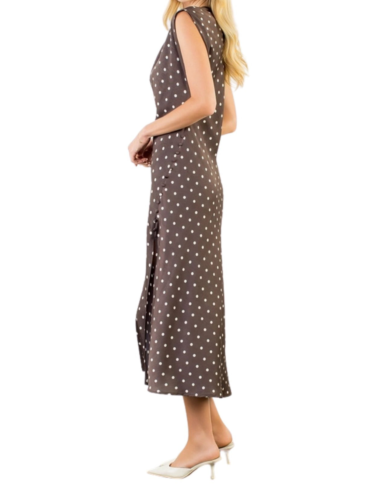 Cowl Neck Polka Dot Slit Dress – Brown