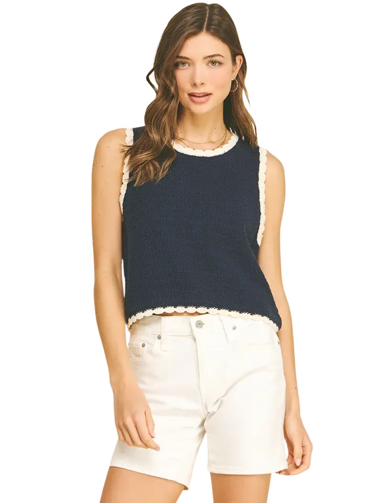 Crochet Trim Knit Tank in Navy/Cream