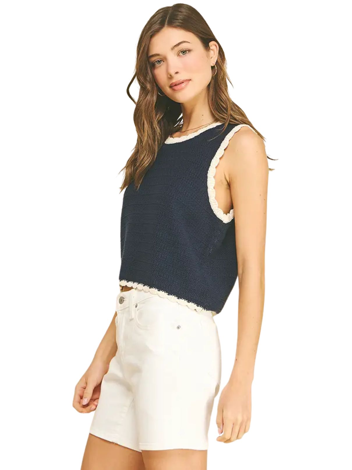 Crochet Trim Knit Tank in Navy/Cream