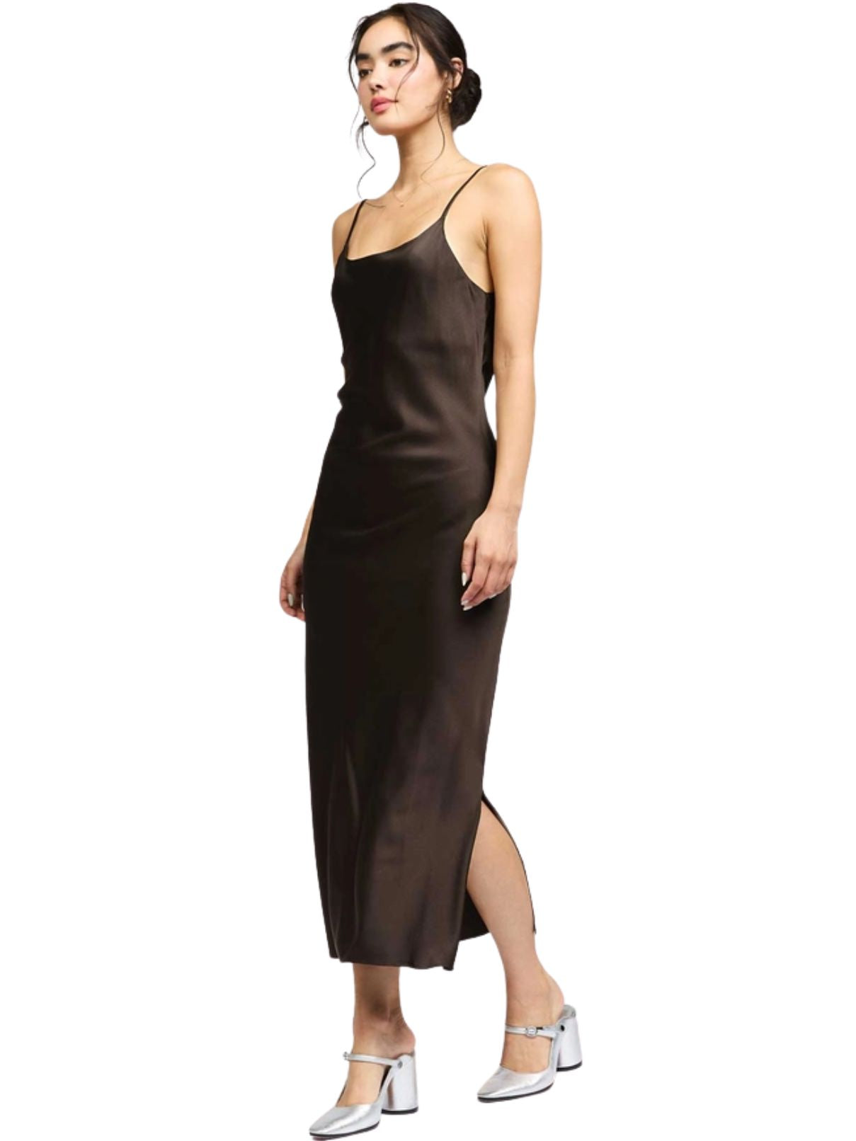 Current Air 100% Silk Cami Midi Dress in Brown