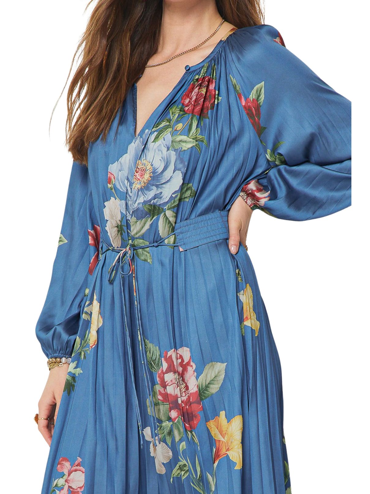 Current Air Floral Printed Pleated Long Sleeve Midi Dress