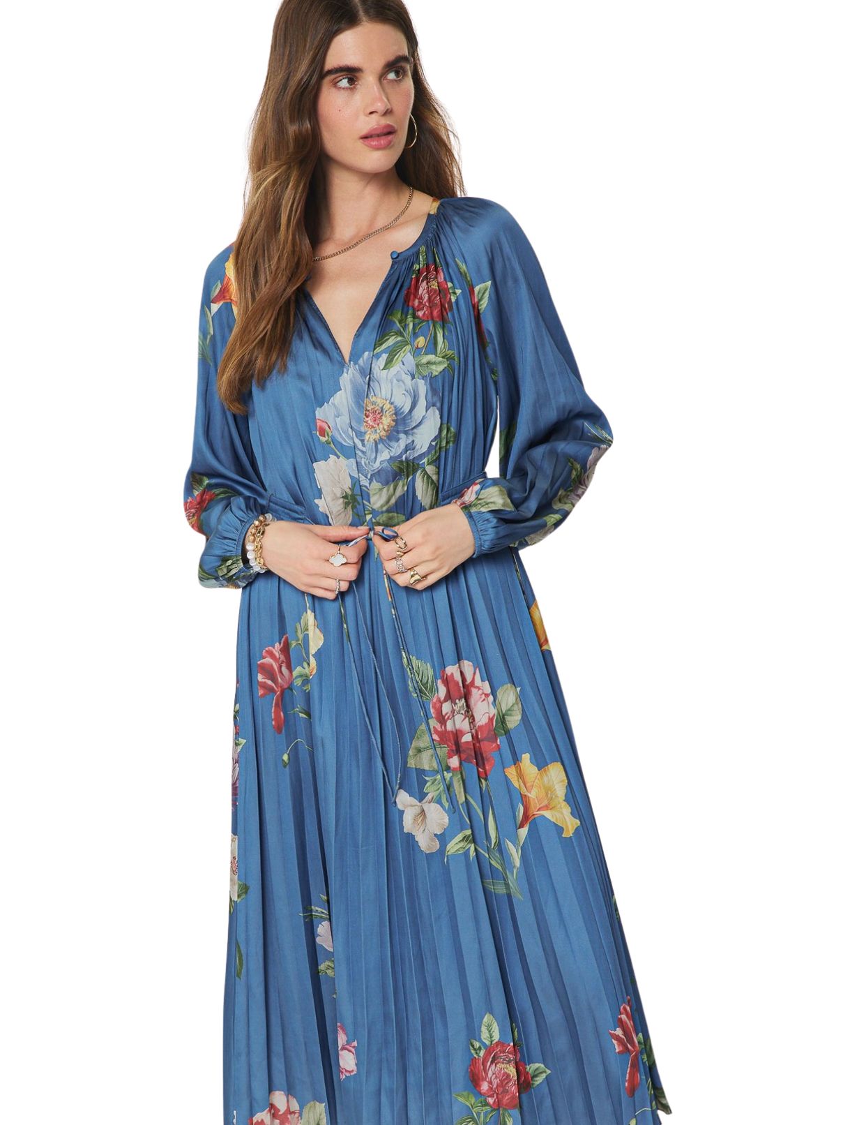 Current Air Floral Printed Pleated Long Sleeve Midi Dress