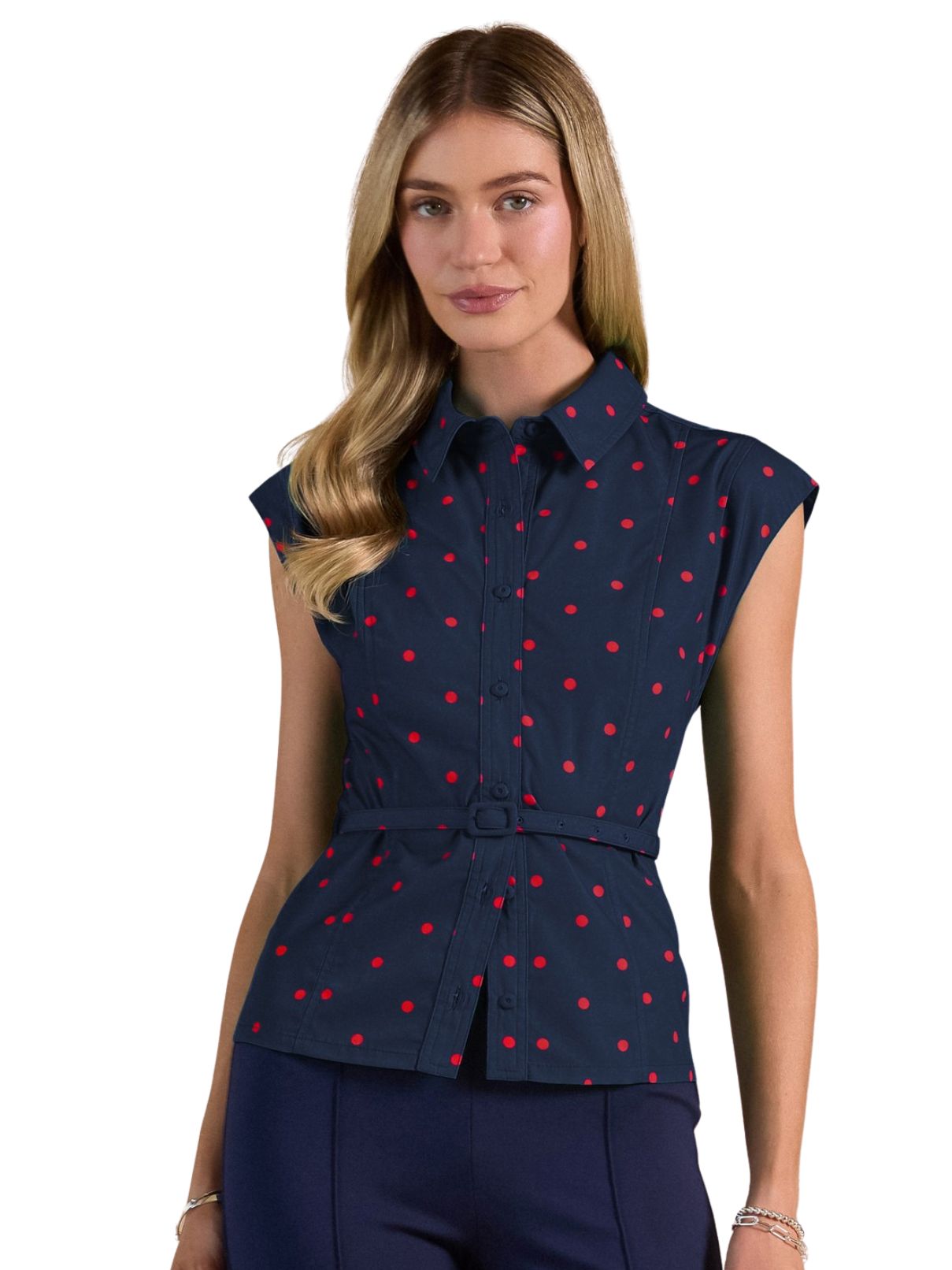Current Air Polka Dot Belted Shirt Blouse in Navy/Red
