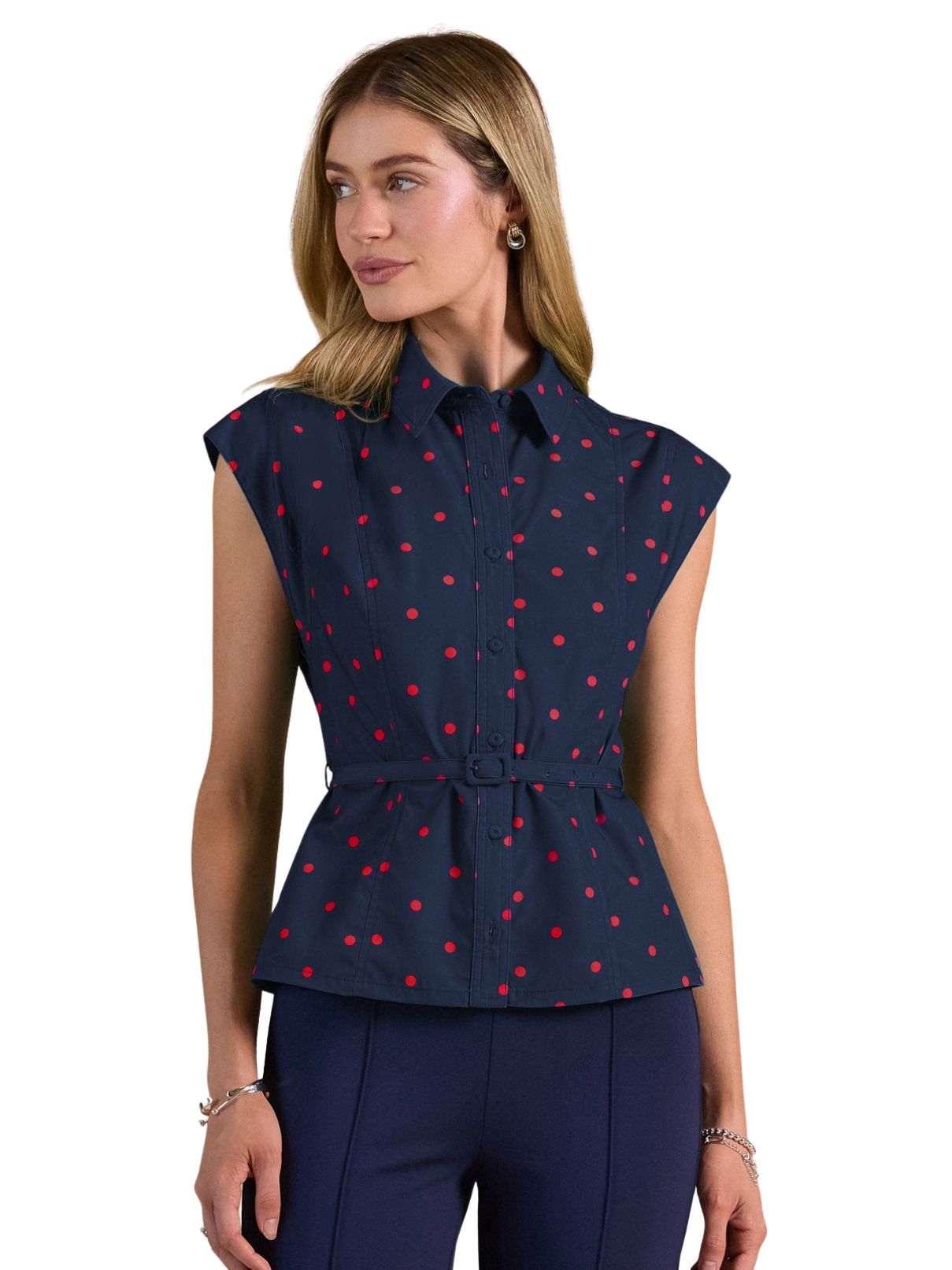Current Air Polka Dot Belted Shirt Blouse in Navy/Red