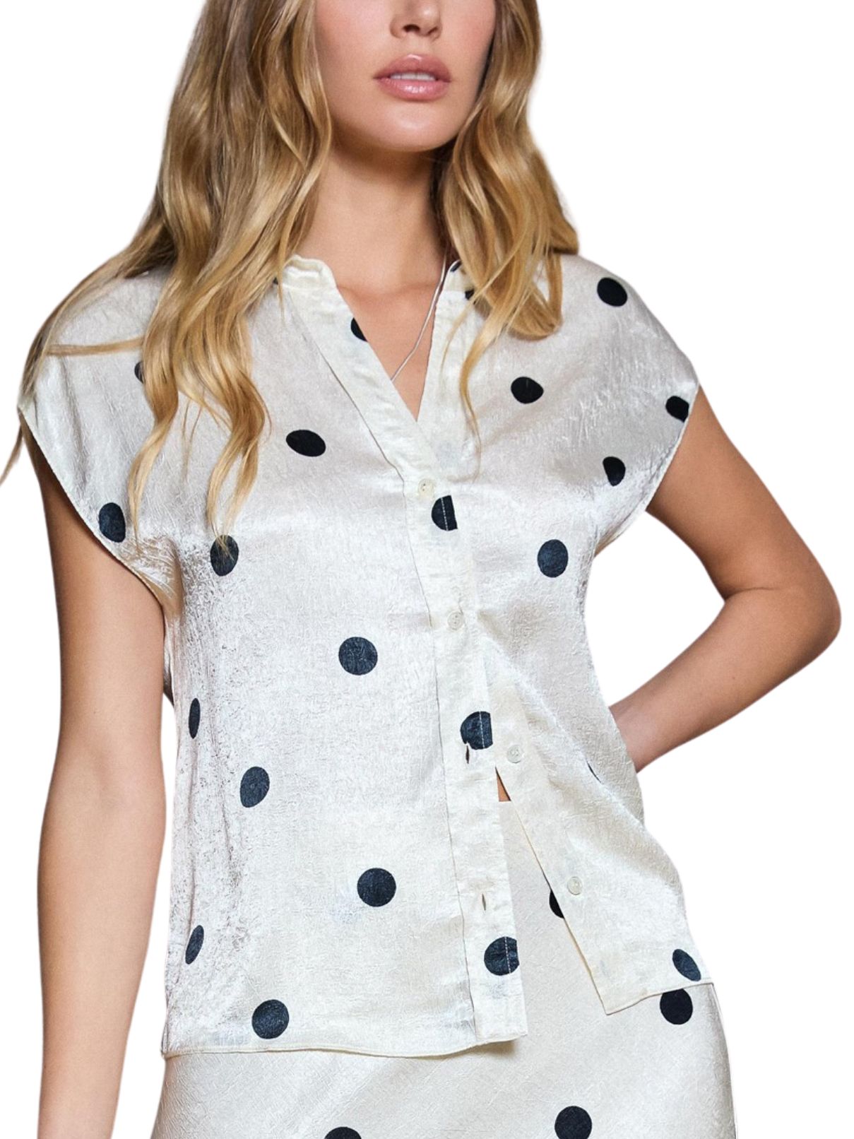 Current Air Polka Dot Cap Sleeve Button Down Shirt