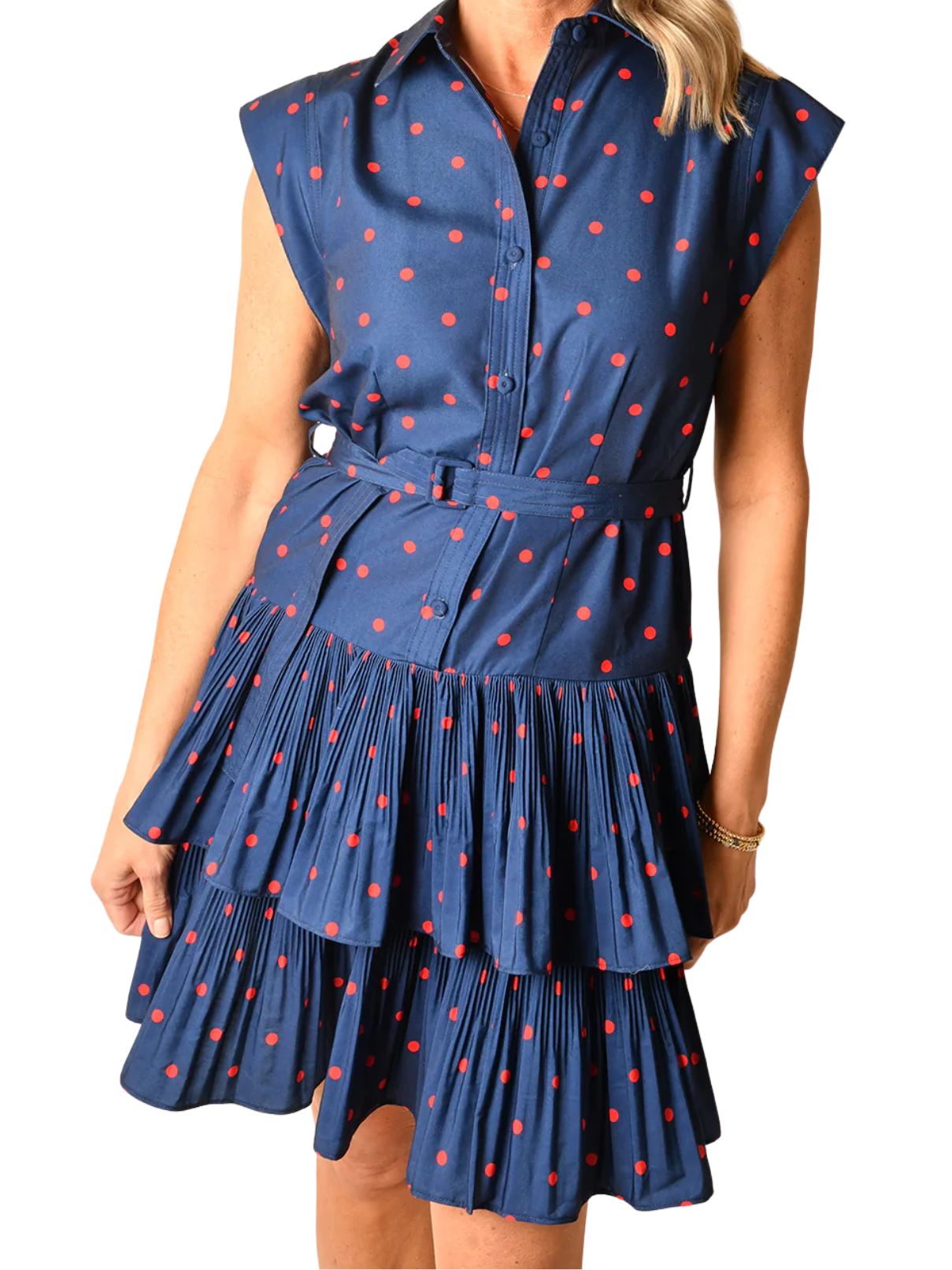 Current Air Sleeveless Polka Dot Dress in Navy/Red