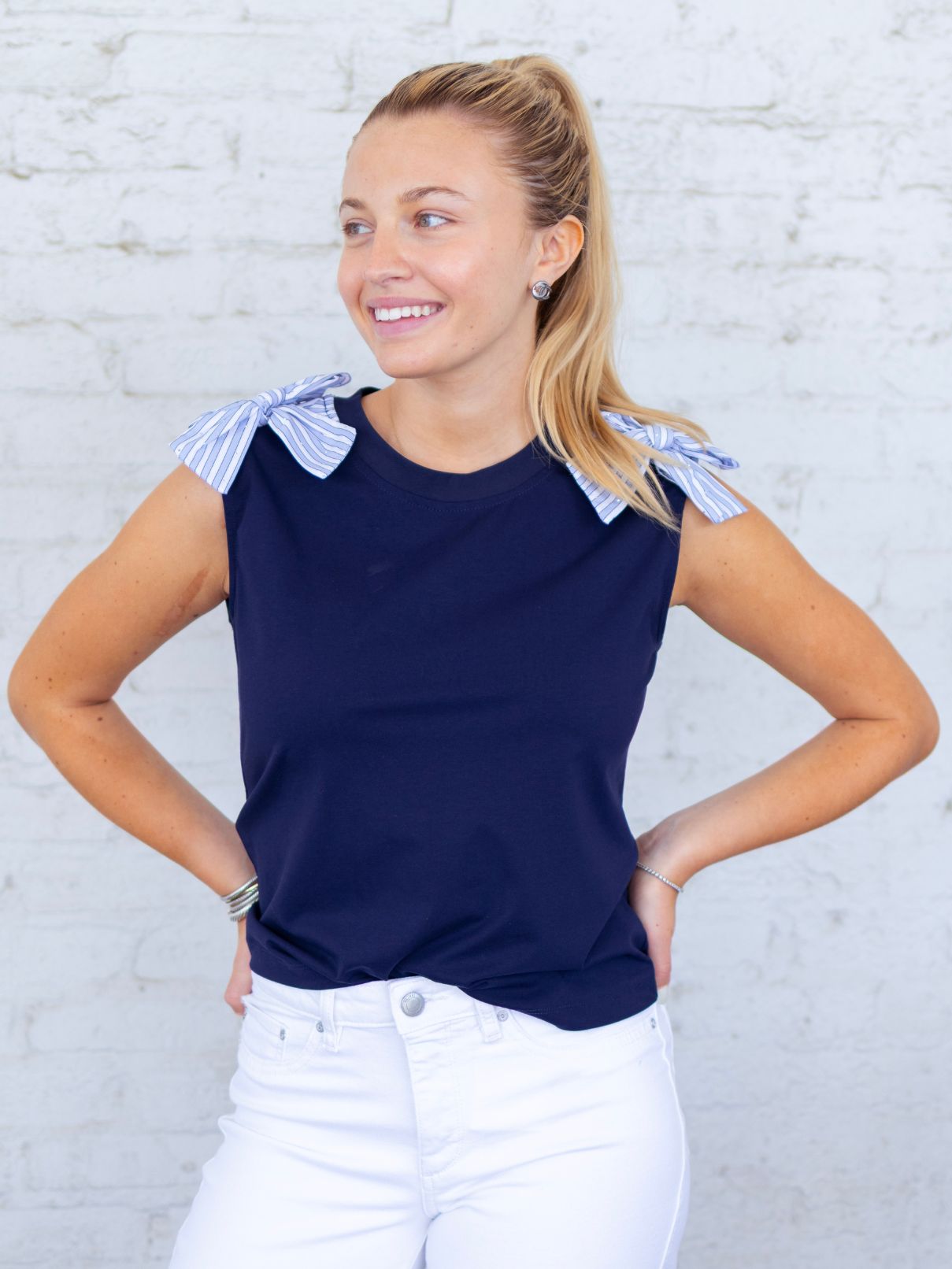 Current Air Sleeveless Top in Navy with Bow Trim