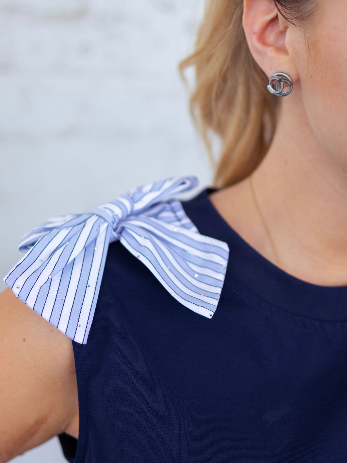 Current Air Sleeveless Top in Navy with Bow Trim