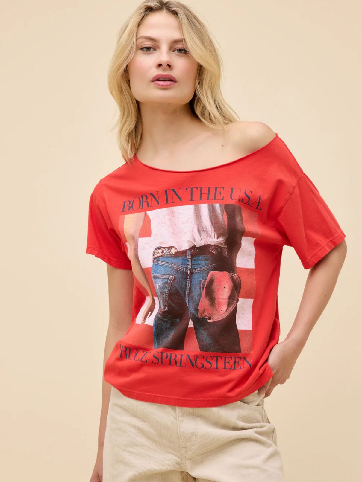 DAYDREAMER Bruce Springsteen Off The Shoulder Tee in Cherry Red