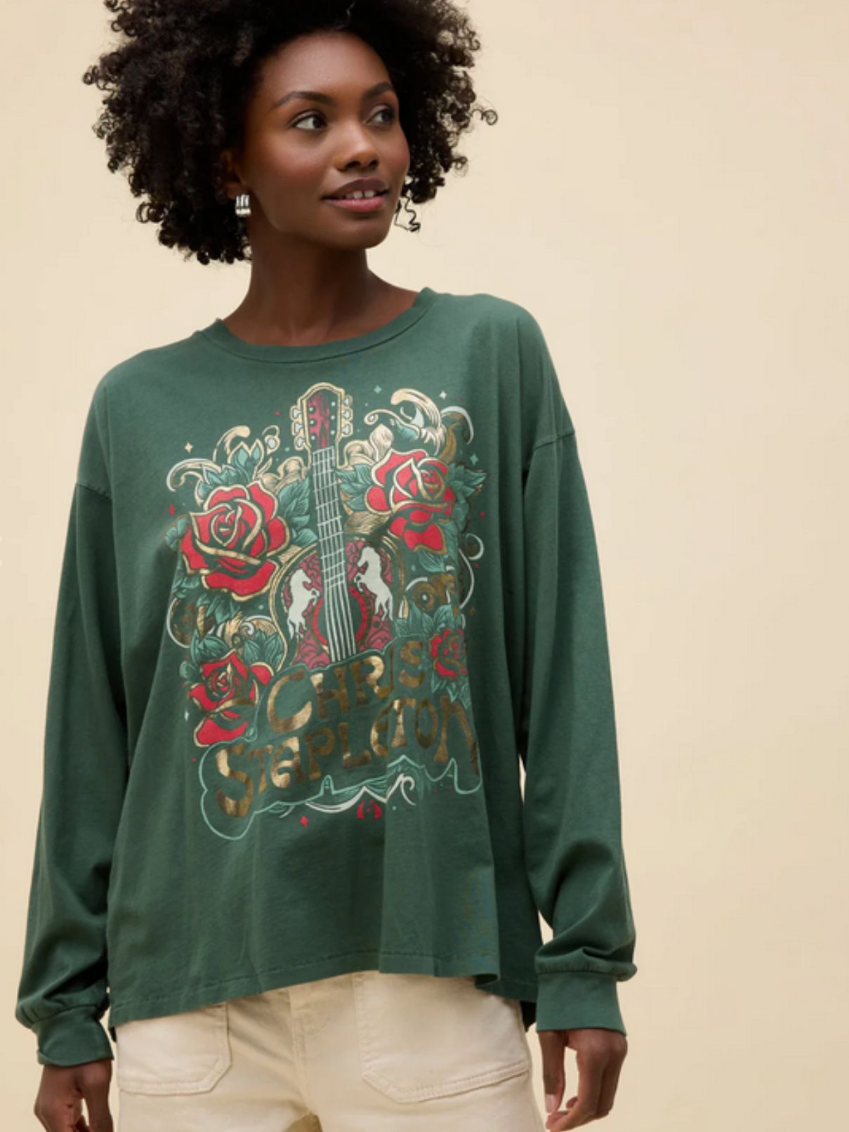 DAYDREAMER Chris Stapleton Guitar and Roses Merch L/S in Deep Green