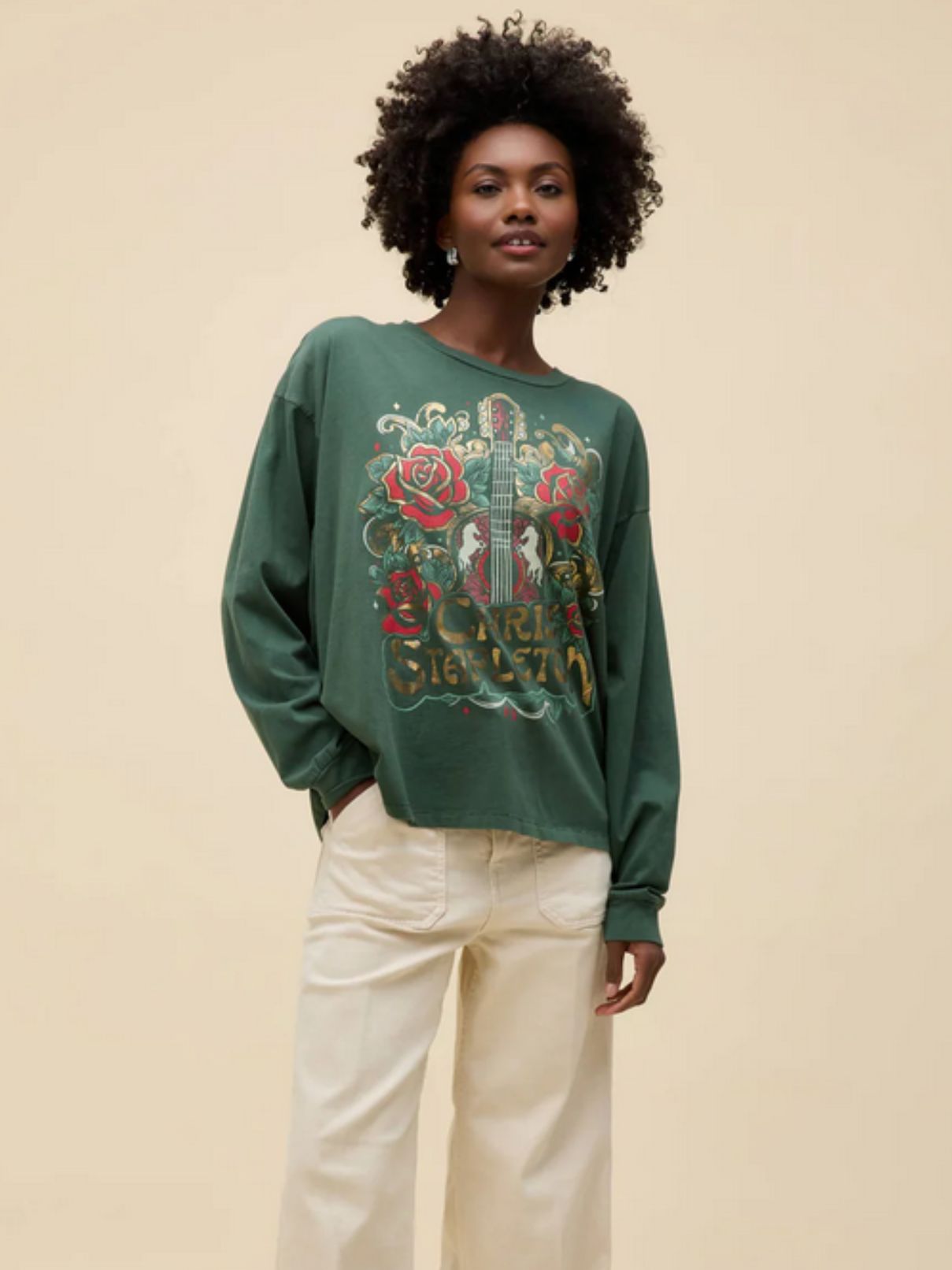 DAYDREAMER Chris Stapleton Guitar and Roses Merch L/S in Deep Green