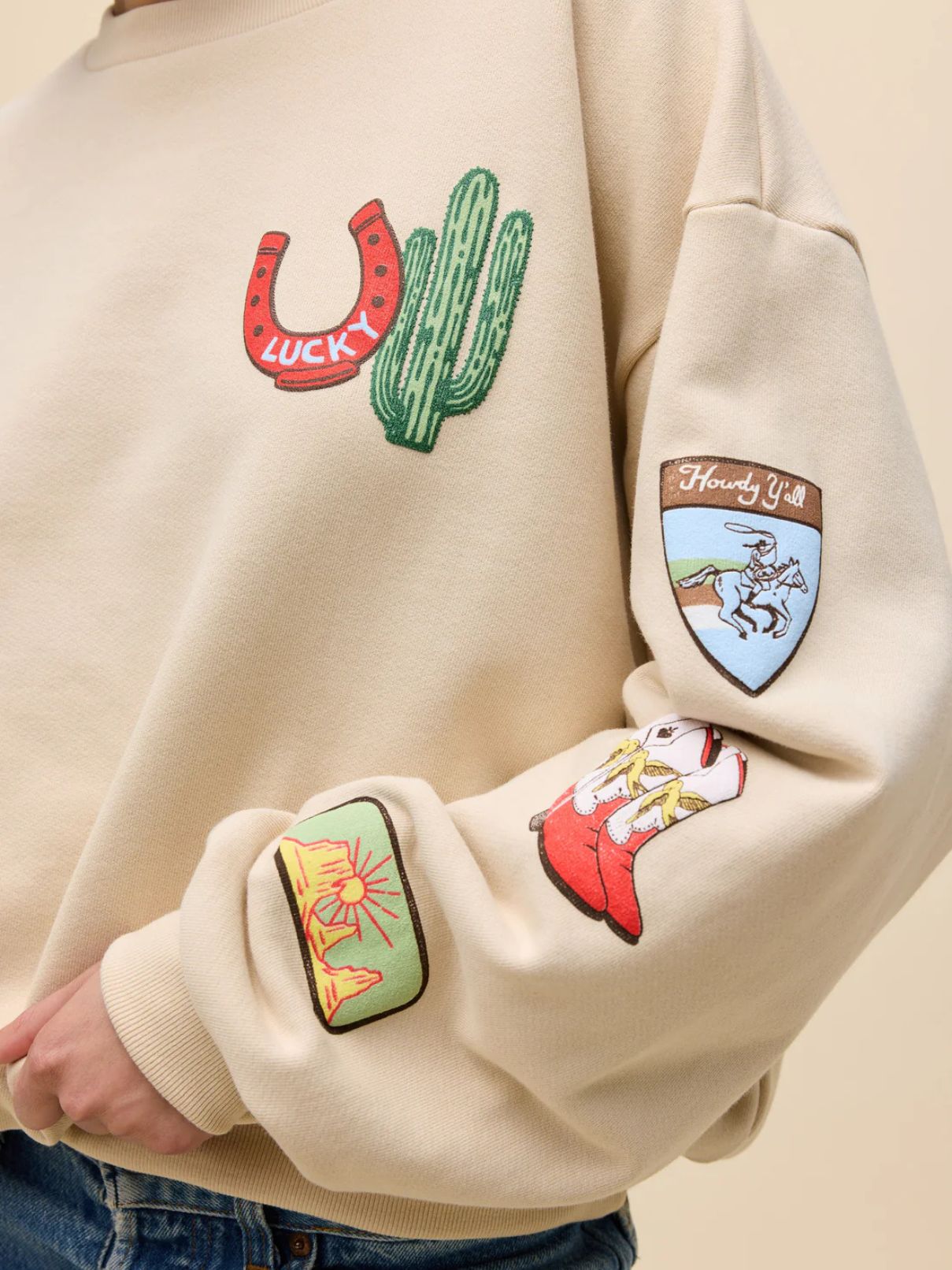 DAYDREAMER Western Patches Oversized Sweatshirt in Sand