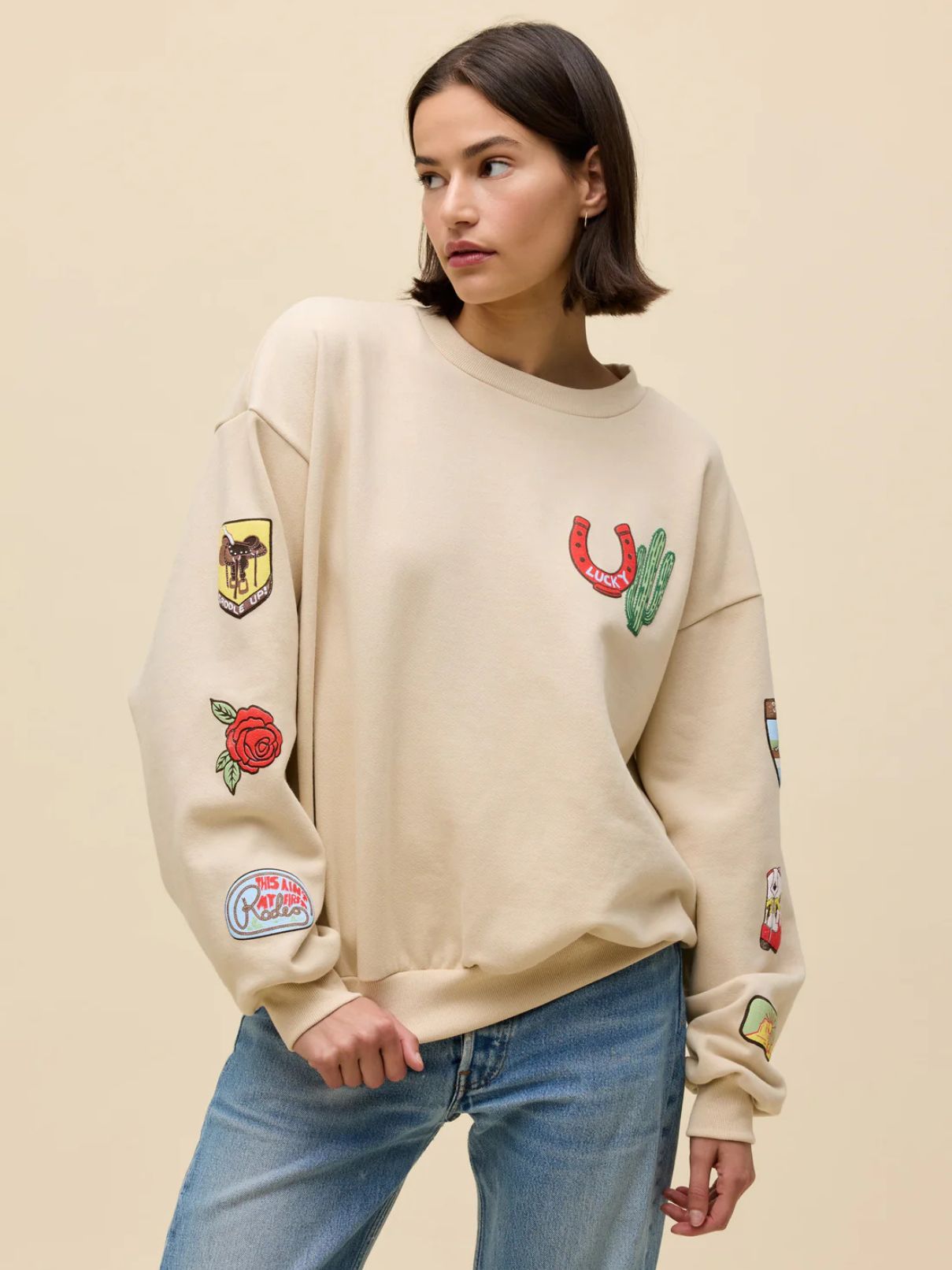 DAYDREAMER Western Patches Oversized Sweatshirt in Sand