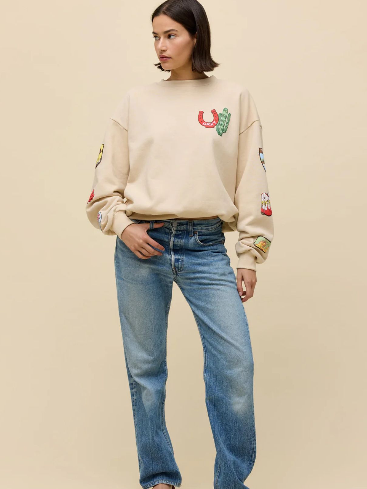 DAYDREAMER Western Patches Oversized Sweatshirt in Sand