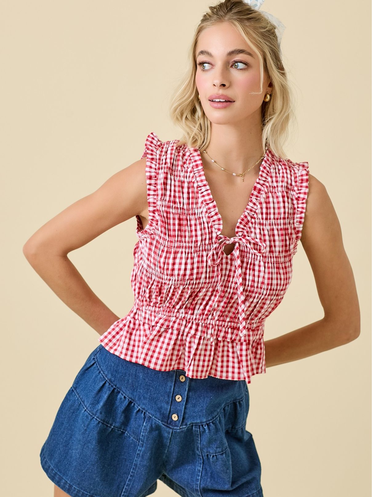  Day + Moon Gingham Tie Sleeveless Top in Red